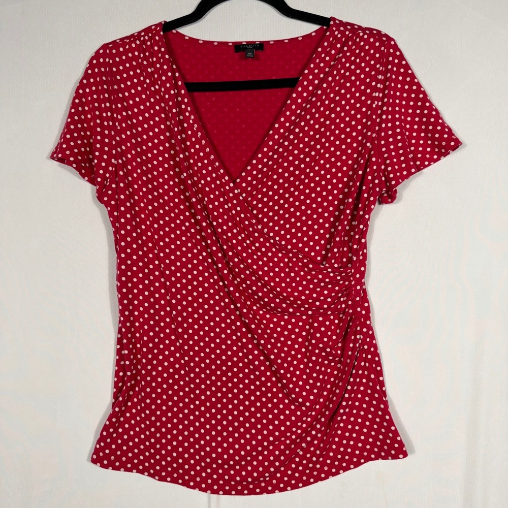 Talbots Petites Red White Polka Dot Faux Wrap Ruched V-Neck Top MP Minimalist - Picture 2 of 7